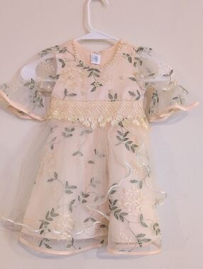 Girls Peach Floral Organza Party Dress